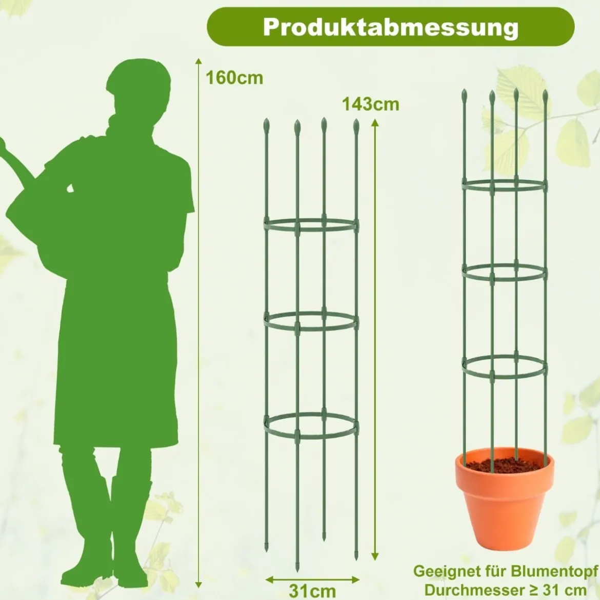 2er Set Tomaten Rankhilfe mit Verstellbare Höhe & 3 Ringe Pflanzenkäfig Pflanzenstütze 143 cm Hoch