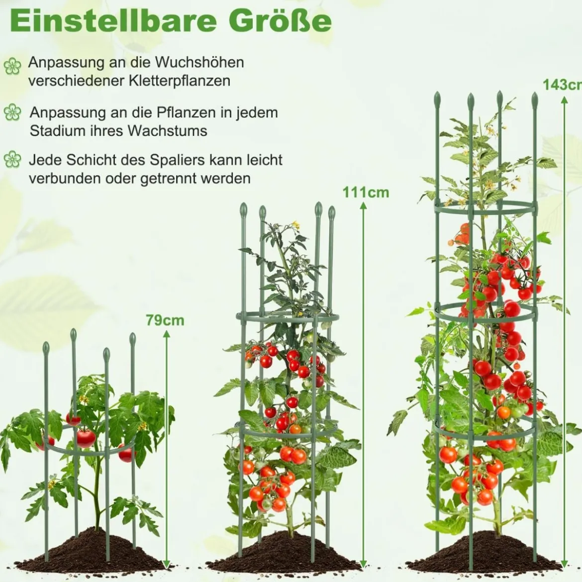 2er Set Tomaten Rankhilfe mit Verstellbare Höhe & 3 Ringe Pflanzenkäfig Pflanzenstütze 143 cm Hoch
