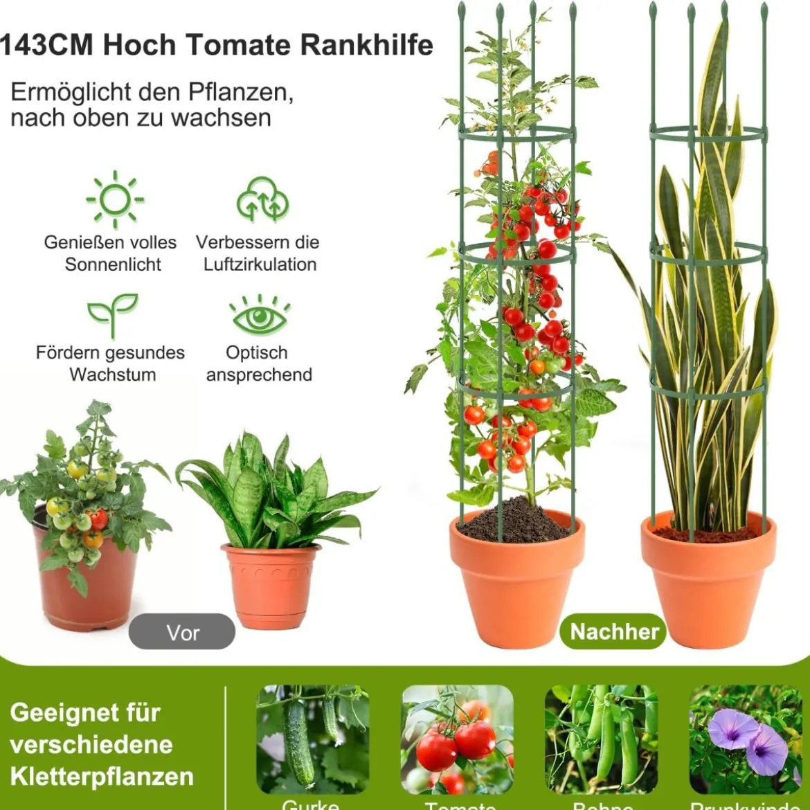 2er Set Tomaten Rankhilfe mit Verstellbare Höhe & 3 Ringe Pflanzenkäfig Pflanzenstütze 143 cm Hoch