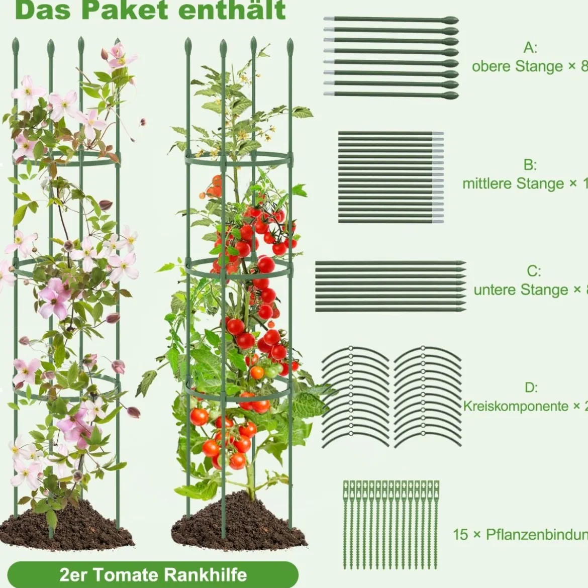 2er Set Tomaten Rankhilfe mit Verstellbare Höhe & 3 Ringe Pflanzenkäfig Pflanzenstütze 143 cm Hoch