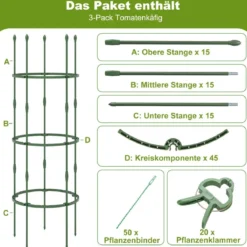 3er Set Tomaten Rankhilfe mit Verstellbare Höhe & 3 Ringe Pflanzenkäfig Pflanzenstütze 154 cm Hoch
