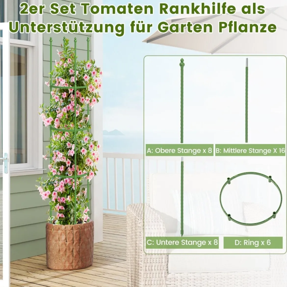2er Set Tomaten Rankhilfe mit Verstellbarer Höhe & 6 Ringe Tomatenkäfig Pflanzenkäfig