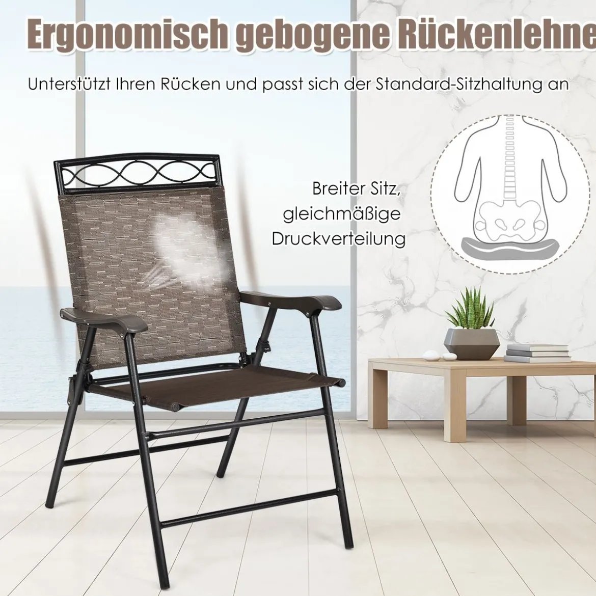 4-er Set tragbare Esszimmerstühle Faltbare Terrassenstühle Klappstühle mit Rückenlehne und Armlehnen Braun