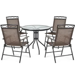 4-er Set tragbare Esszimmerstühle Faltbare Terrassenstühle Klappstühle mit Rückenlehne und Armlehnen Braun
