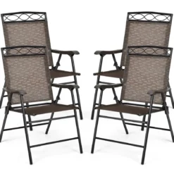 4-er Set tragbare Esszimmerstühle Faltbare Terrassenstühle Klappstühle mit Rückenlehne und Armlehnen Braun
