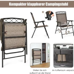 4-er Set tragbare Esszimmerstühle Faltbare Terrassenstühle Klappstühle mit Rückenlehne und Armlehnen Braun