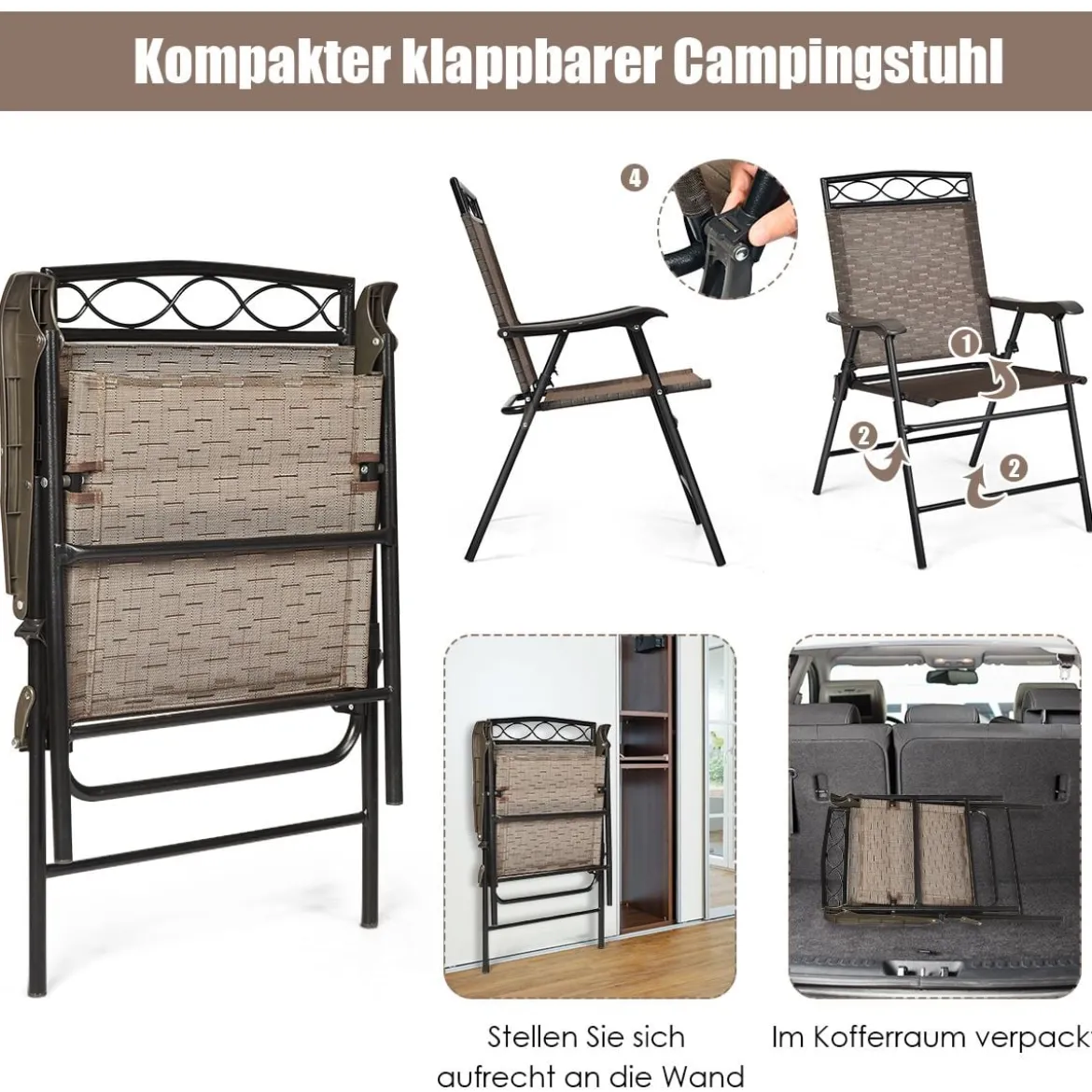 4-er Set tragbare Esszimmerstühle Faltbare Terrassenstühle Klappstühle mit Rückenlehne und Armlehnen Braun