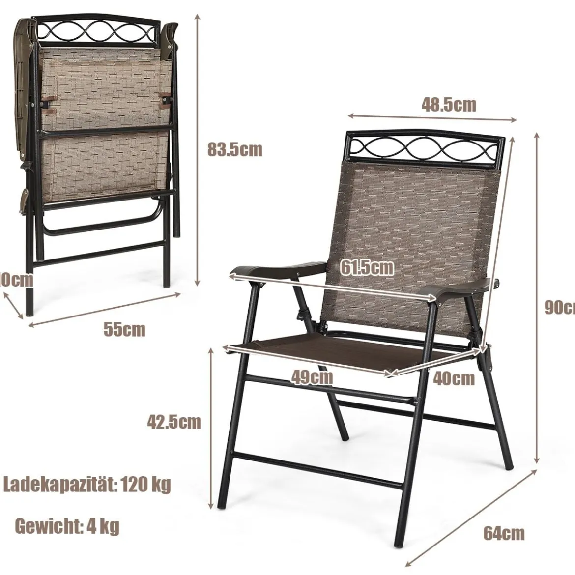 4-er Set tragbare Esszimmerstühle Faltbare Terrassenstühle Klappstühle mit Rückenlehne und Armlehnen Braun