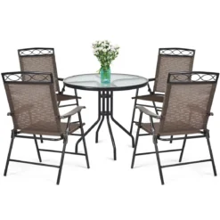 4-er Set tragbare Esszimmerstühle Faltbare Terrassenstühle Klappstühle mit Rückenlehne und Armlehnen Braun