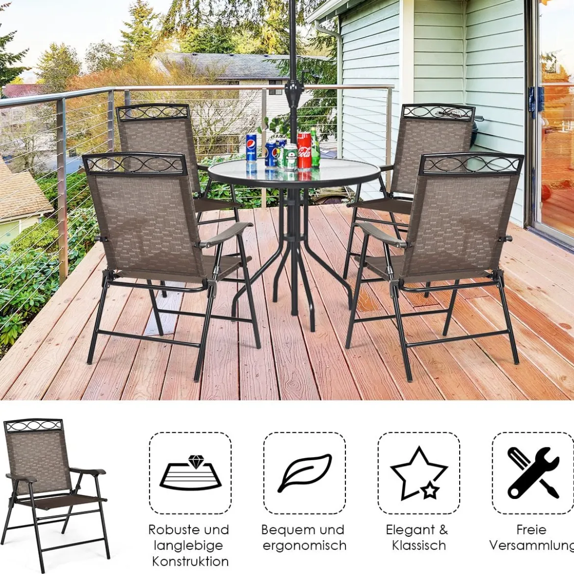 4-er Set tragbare Esszimmerstühle Faltbare Terrassenstühle Klappstühle mit Rückenlehne und Armlehnen Braun