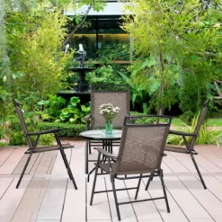 4-er Set tragbare Esszimmerstühle Faltbare Terrassenstühle Klappstühle mit Rückenlehne und Armlehnen Braun