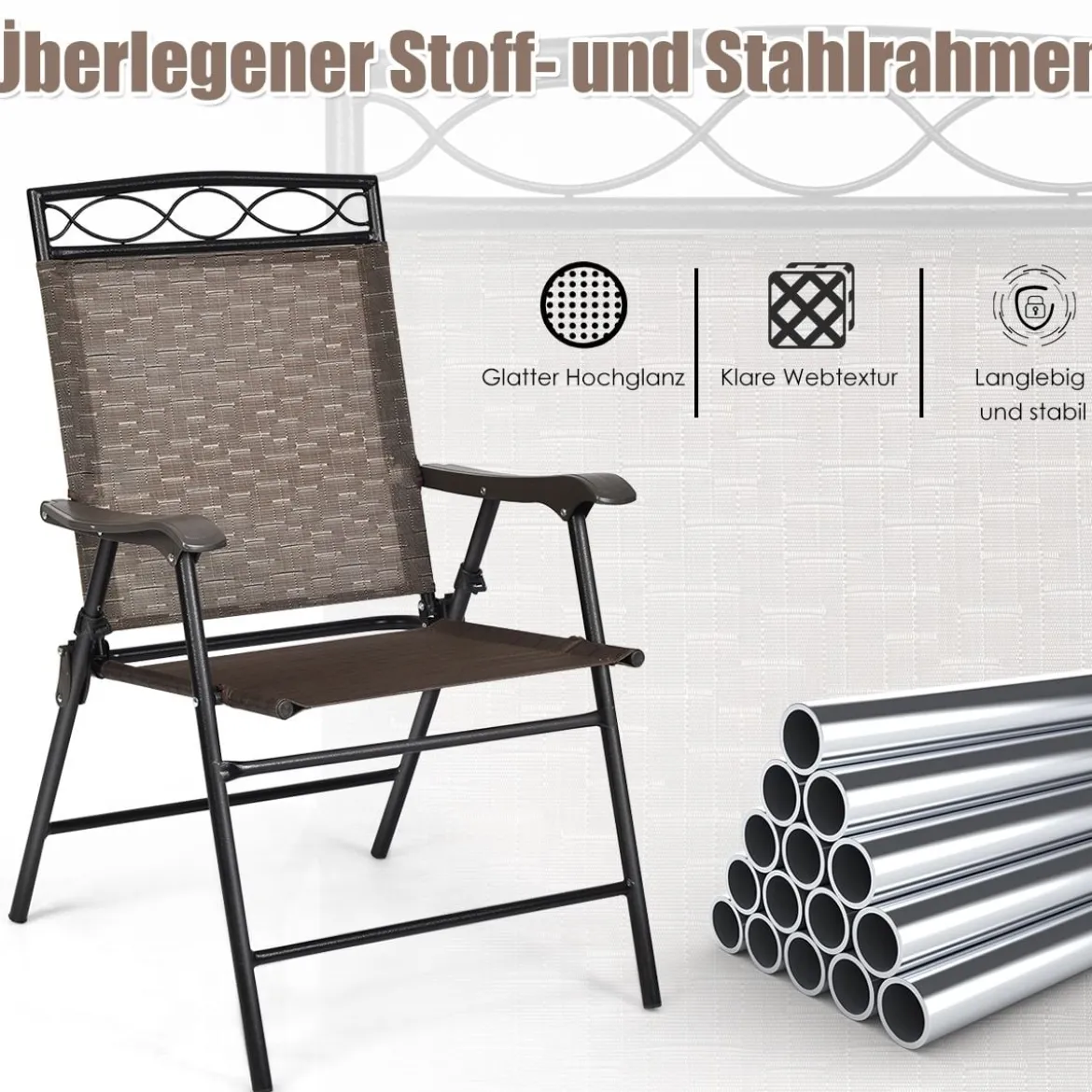 4-er Set tragbare Esszimmerstühle Faltbare Terrassenstühle Klappstühle mit Rückenlehne und Armlehnen Braun
