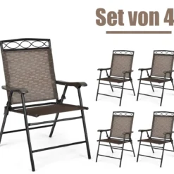 4-er Set tragbare Esszimmerstühle Faltbare Terrassenstühle Klappstühle mit Rückenlehne und Armlehnen Braun