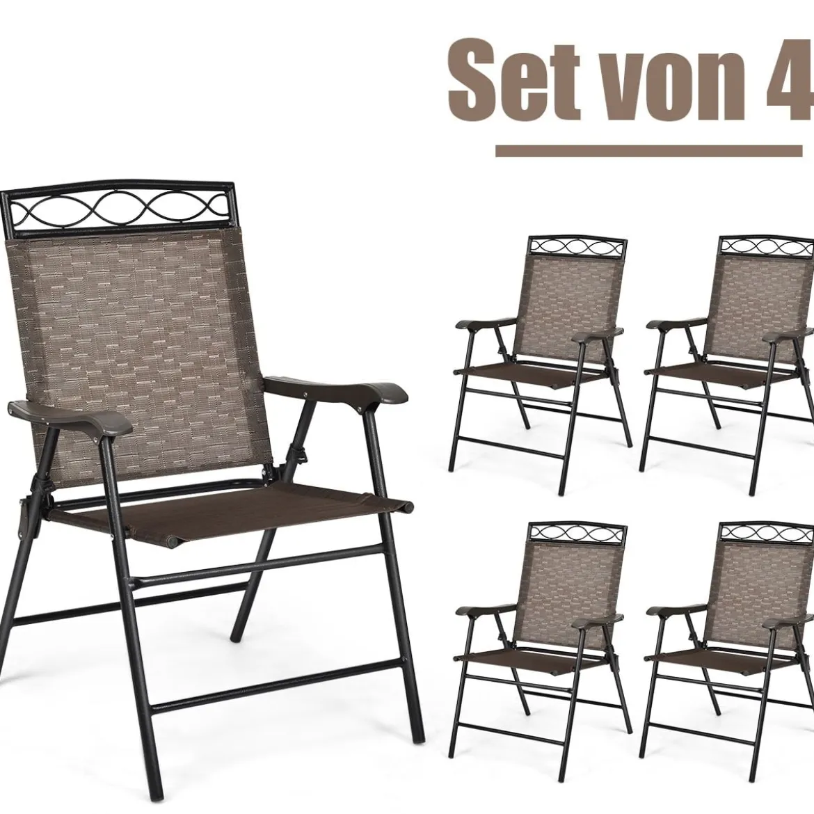 4-er Set tragbare Esszimmerstühle Faltbare Terrassenstühle Klappstühle mit Rückenlehne und Armlehnen Braun