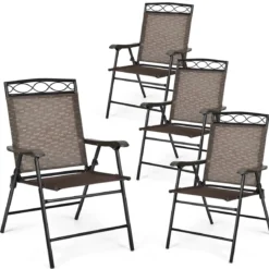 4-er Set tragbare Esszimmerstühle Faltbare Terrassenstühle Klappstühle mit Rückenlehne und Armlehnen Braun