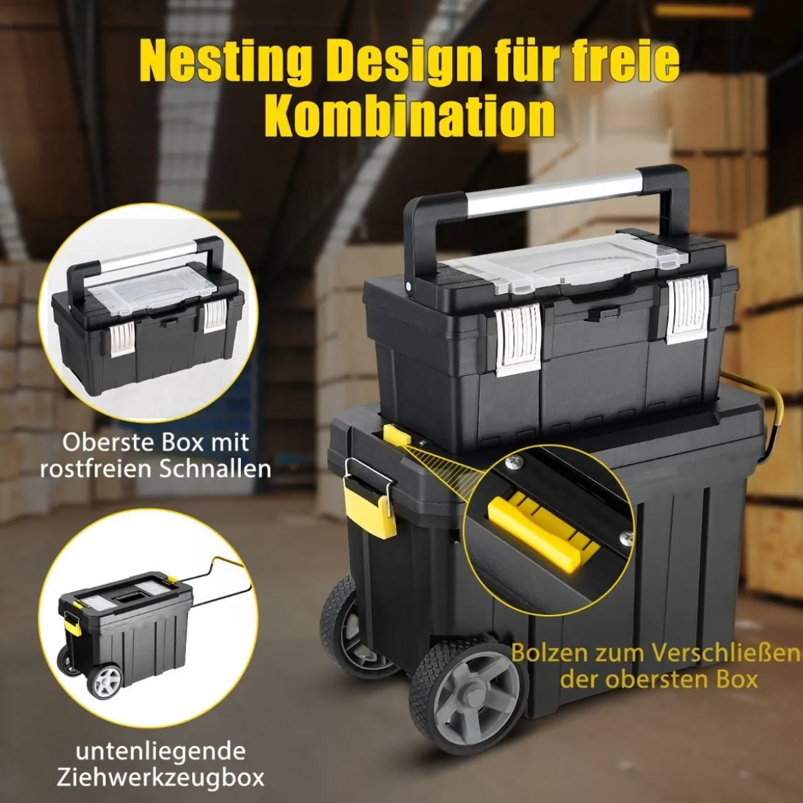2er Set tragbarer Werkzeugkoffer mit Ziehgriff & Abnehmbarem Fach Trolley Werkzeugkoffer Schwarz