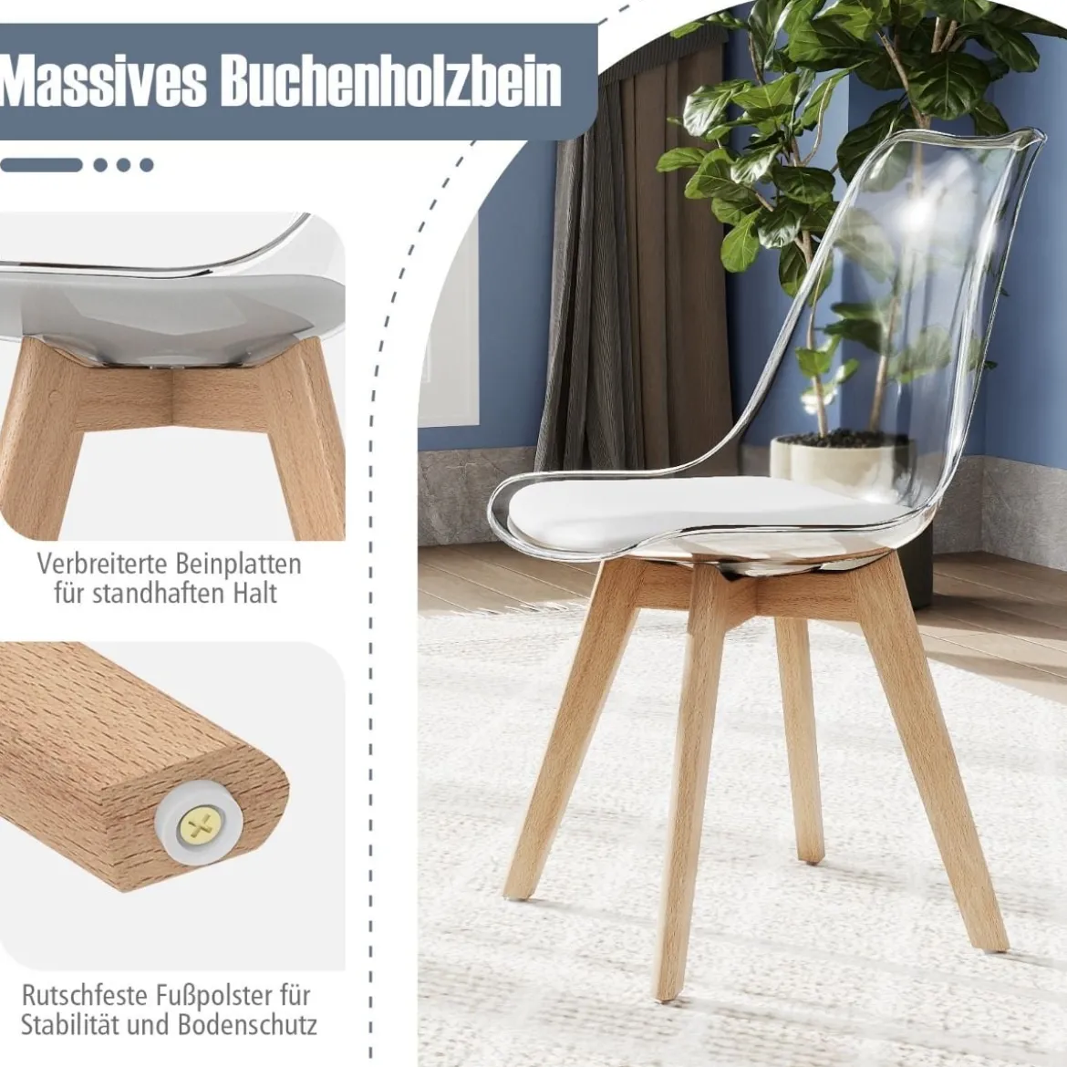 4er Set Transparent Esszimmerstühle mit Massivholz Beine Skandinavische Küchenstühle Akzentstuhl Weiß