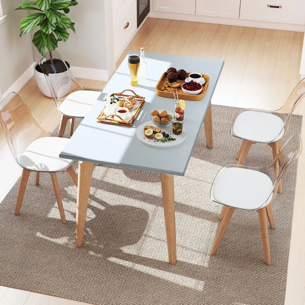 4er Set Transparent Esszimmerstühle mit Massivholz Beine Skandinavische Küchenstühle Akzentstuhl Weiß