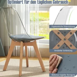 4er Set Transparent Esszimmerstühle mit Massivholz Beine Skandinavische Küchenstühle Akzentstuhl Grau
