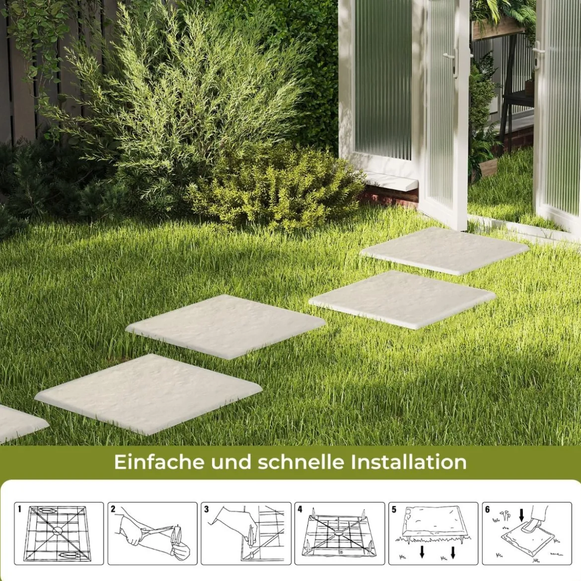 16er Set Trittsteine für Garten Gehwegplatten aus Polypropylen Steinplatten inkl. 64 Erdspießen 39,5 x 39,5 cm Beige