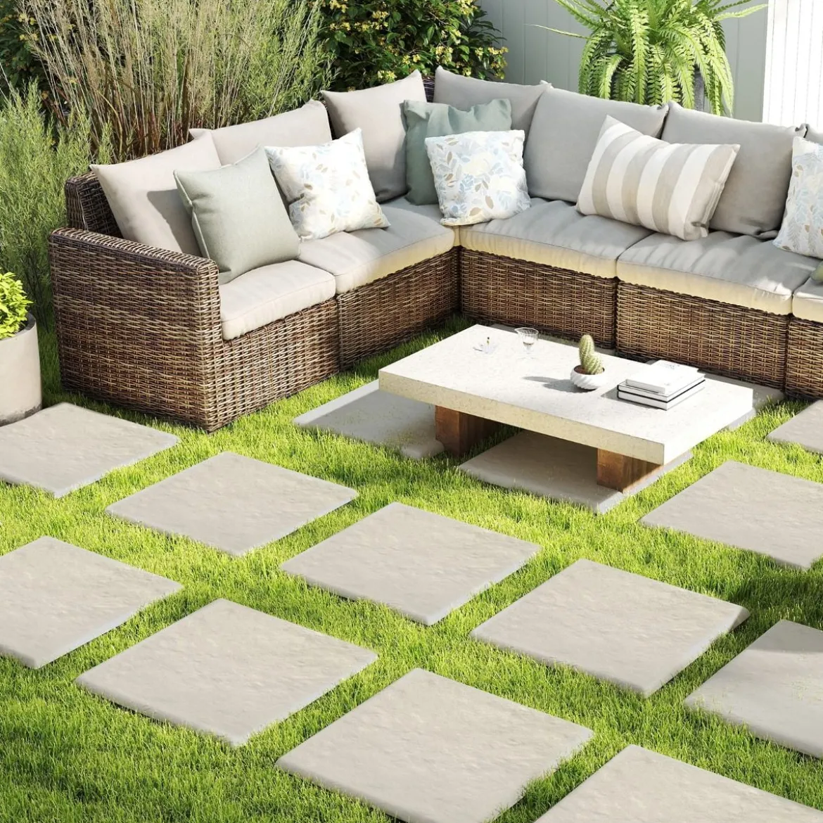 16er Set Trittsteine für Garten Gehwegplatten aus Polypropylen Steinplatten inkl. 64 Erdspießen Beige + Grau