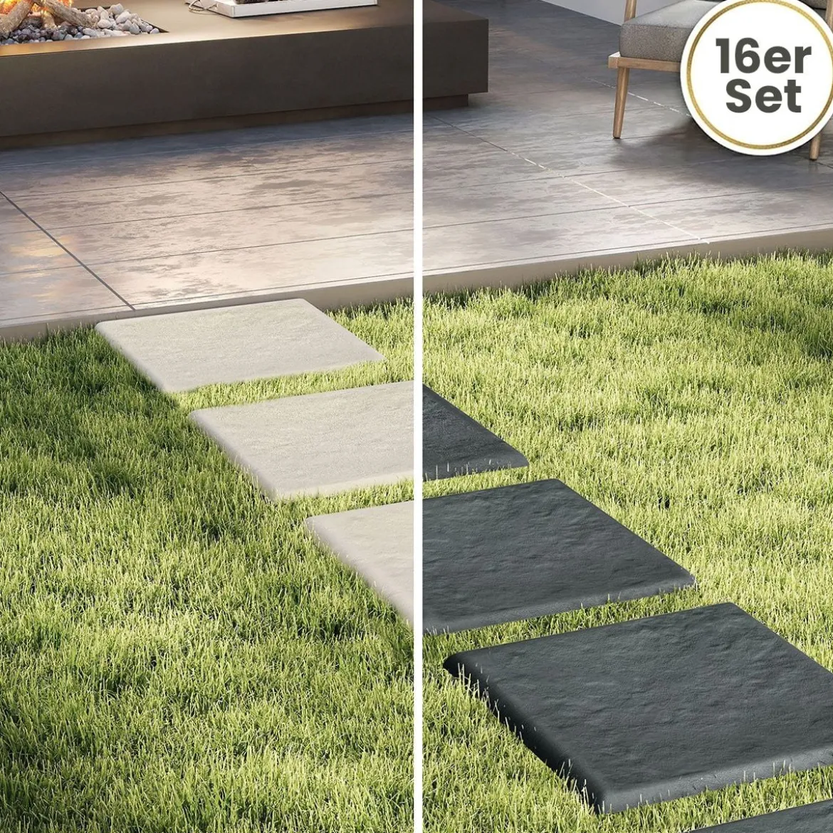 16er Set Trittsteine für Garten Gehwegplatten aus Polypropylen Steinplatten inkl. 64 Erdspießen Beige + Grau