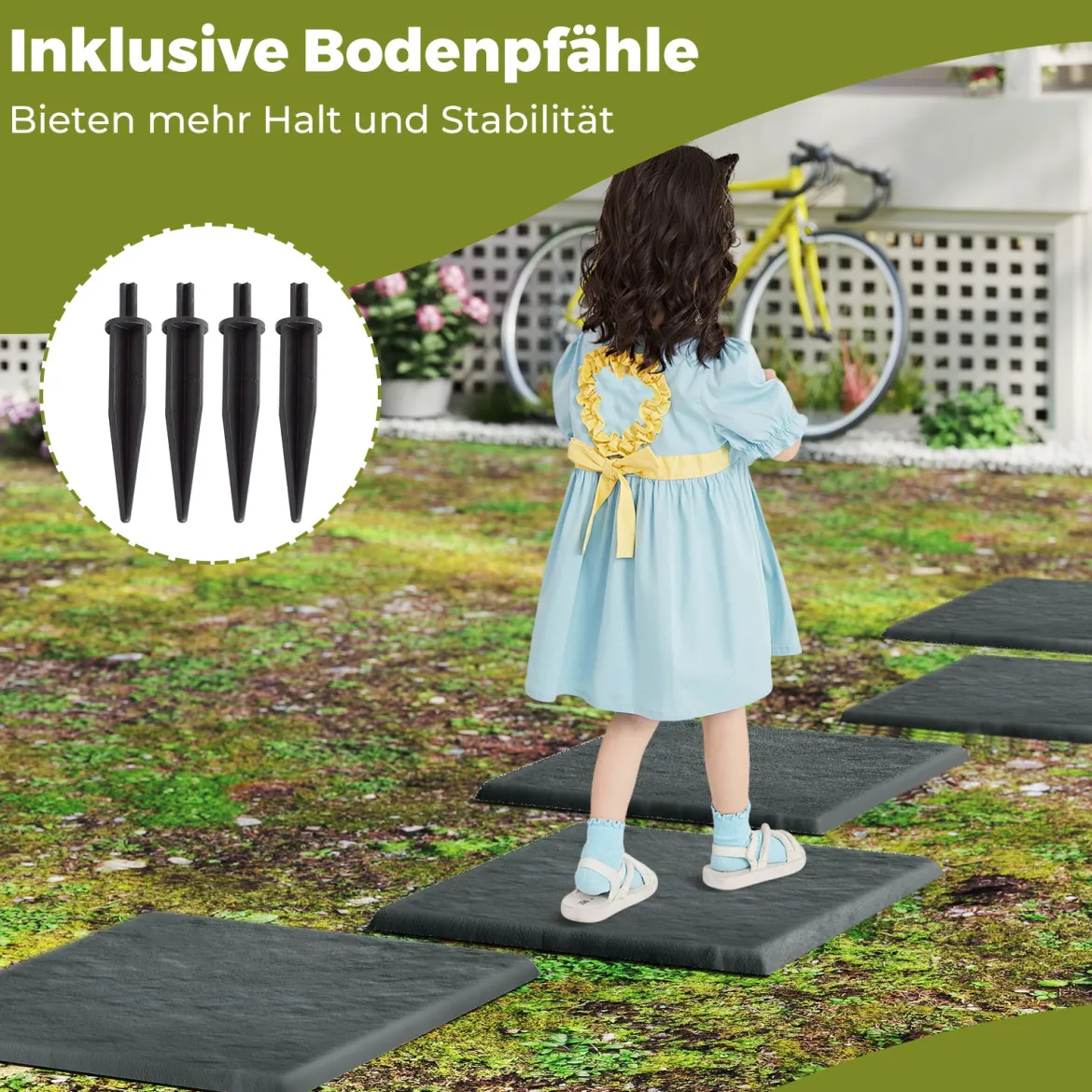 16er Set Trittsteine für Garten Gehwegplatten aus Polypropylen Steinplatten inkl. 64 Erdspießen 39,5 x 39,5 cm Grau