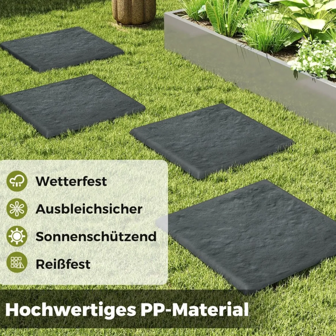 16er Set Trittsteine für Garten Gehwegplatten aus Polypropylen Steinplatten inkl. 64 Erdspießen 39,5 x 39,5 cm Grau