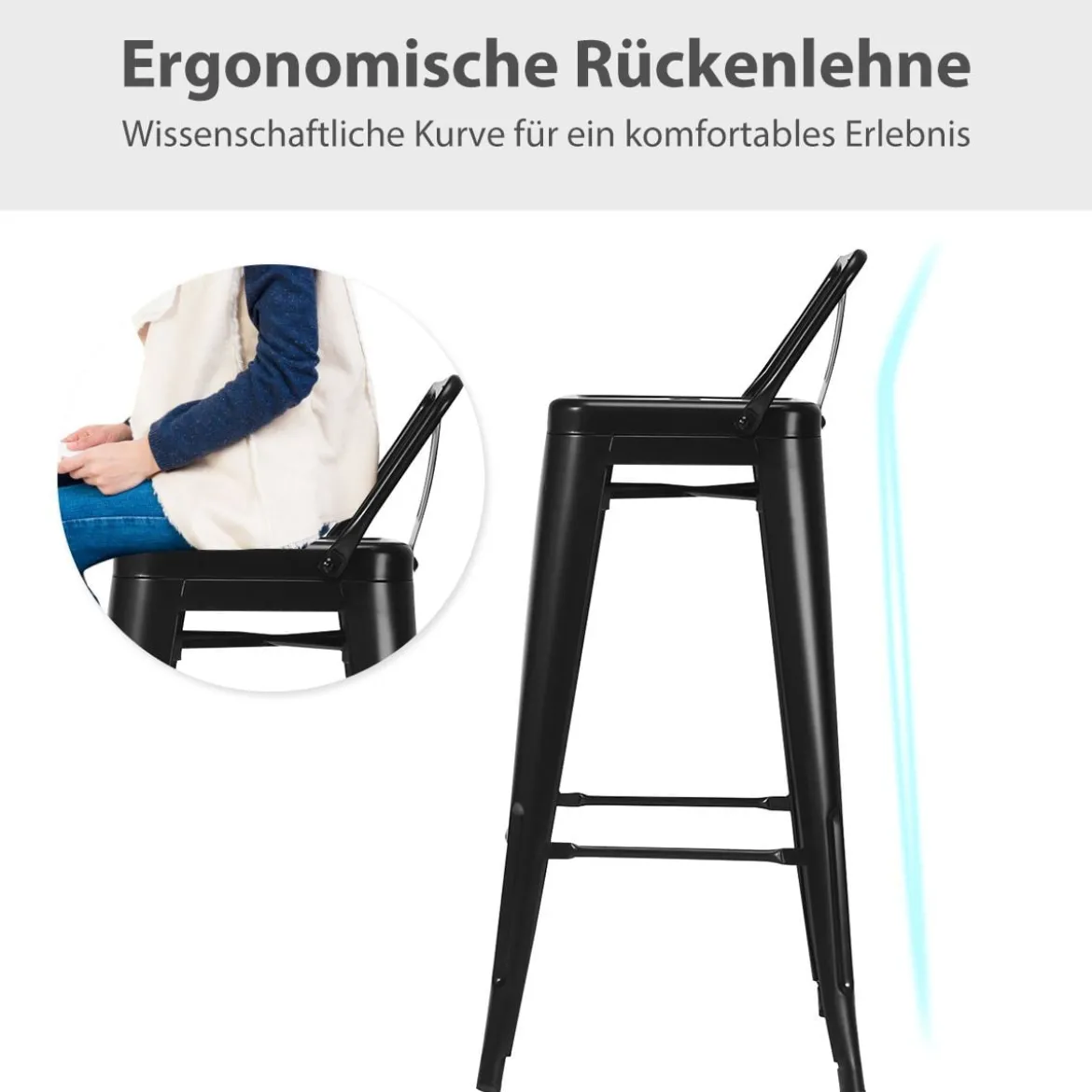 4er Set Vintage Barstühle aus Rotguss-Metall mit Rückenlehne Stapelbare Esszimmerstühle Schwarz