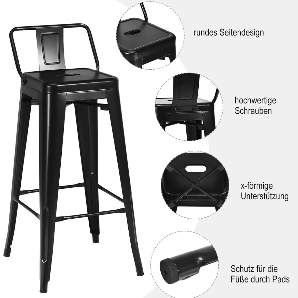 4er Set Vintage Barstühle aus Rotguss-Metall mit Rückenlehne Stapelbare Esszimmerstühle Schwarz