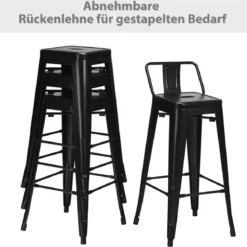 4er Set Vintage Barstühle aus Rotguss-Metall mit Rückenlehne Stapelbare Esszimmerstühle Schwarz