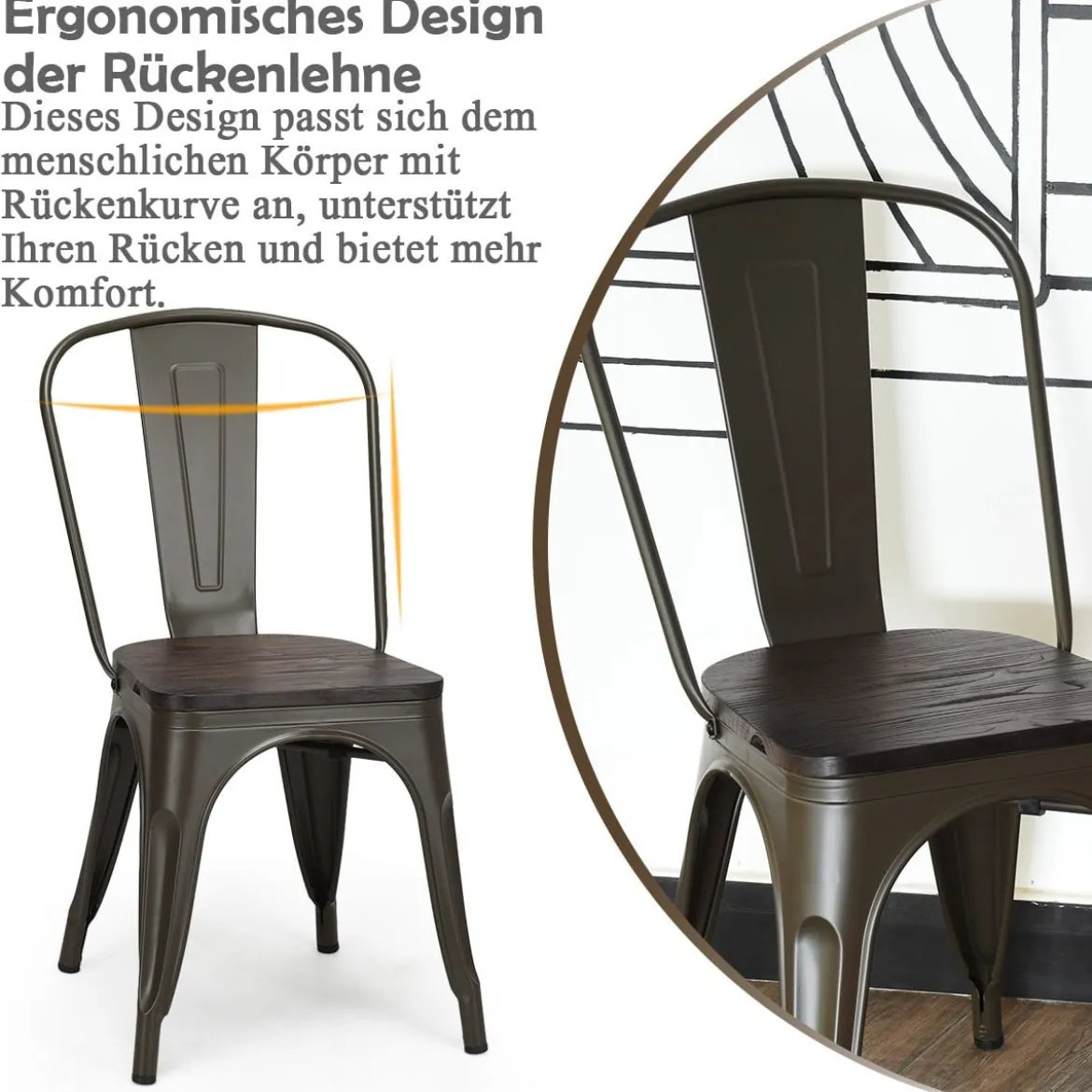 4er Set Vintage-Metallstuhl Esszimmerstuhl mit stabiler Metallkonstruktion 42,5 x 52 x 83,5 cm Bronze