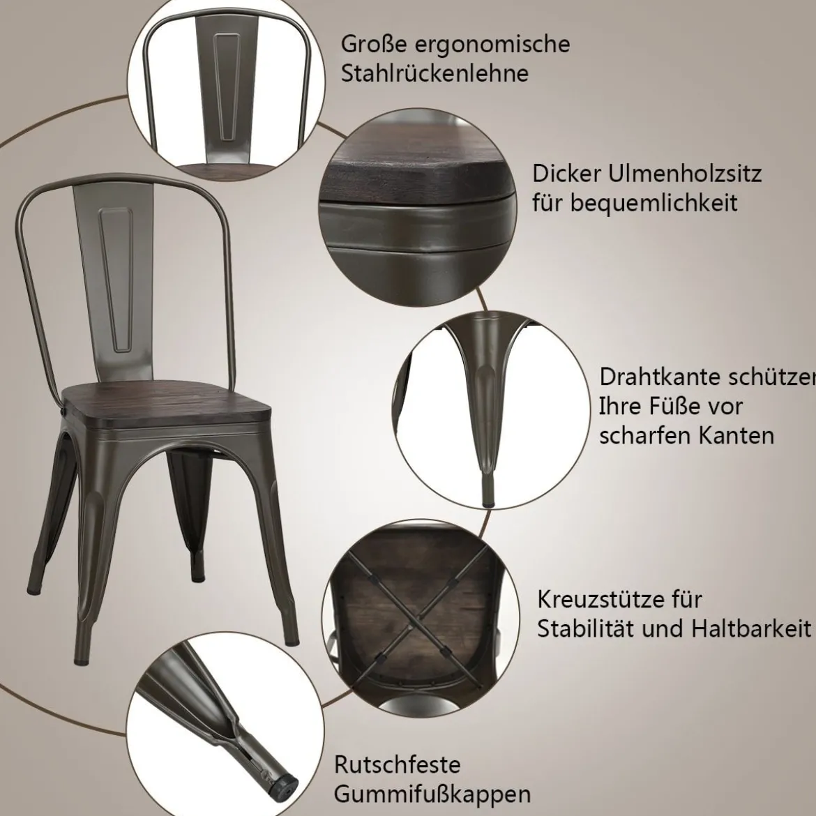 4er Set Vintage-Metallstuhl Esszimmerstuhl mit stabiler Metallkonstruktion 42,5 x 52 x 83,5 cm Bronze