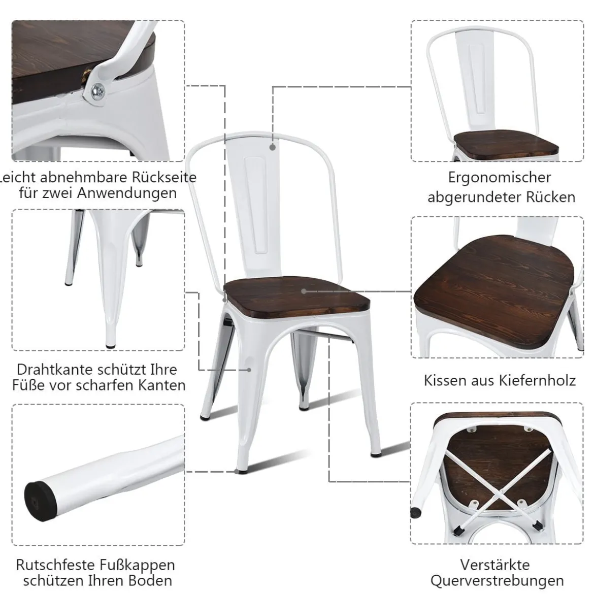 4er Set Vintage-Metallstuhl stapelbarer Küchenstuhl mit Rückenlehne 42,5 x 52 x 83,5 cm Weiß + Braun