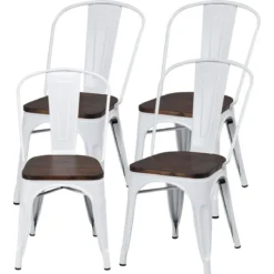 4er Set Vintage-Metallstuhl stapelbarer Küchenstuhl mit Rückenlehne 42,5 x 52 x 83,5 cm Weiß + Braun