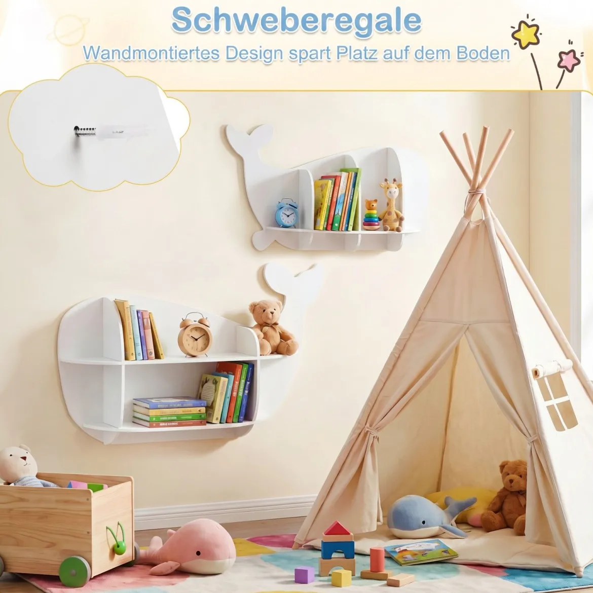 2er Set Wal Wandregale Wandmontiertes Schweberegale mit Fächern Holz Hängeregale Weiß