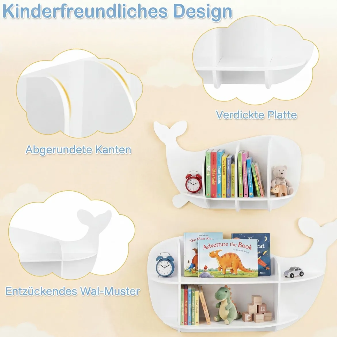 2er Set Wal Wandregale Wandmontiertes Schweberegale mit Fächern Holz Hängeregale Weiß