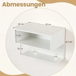 2er Set Wandmontierter Nachttisch Hängender Nachtschrank aus Holz mit 2 Offenen Fächern Weiß