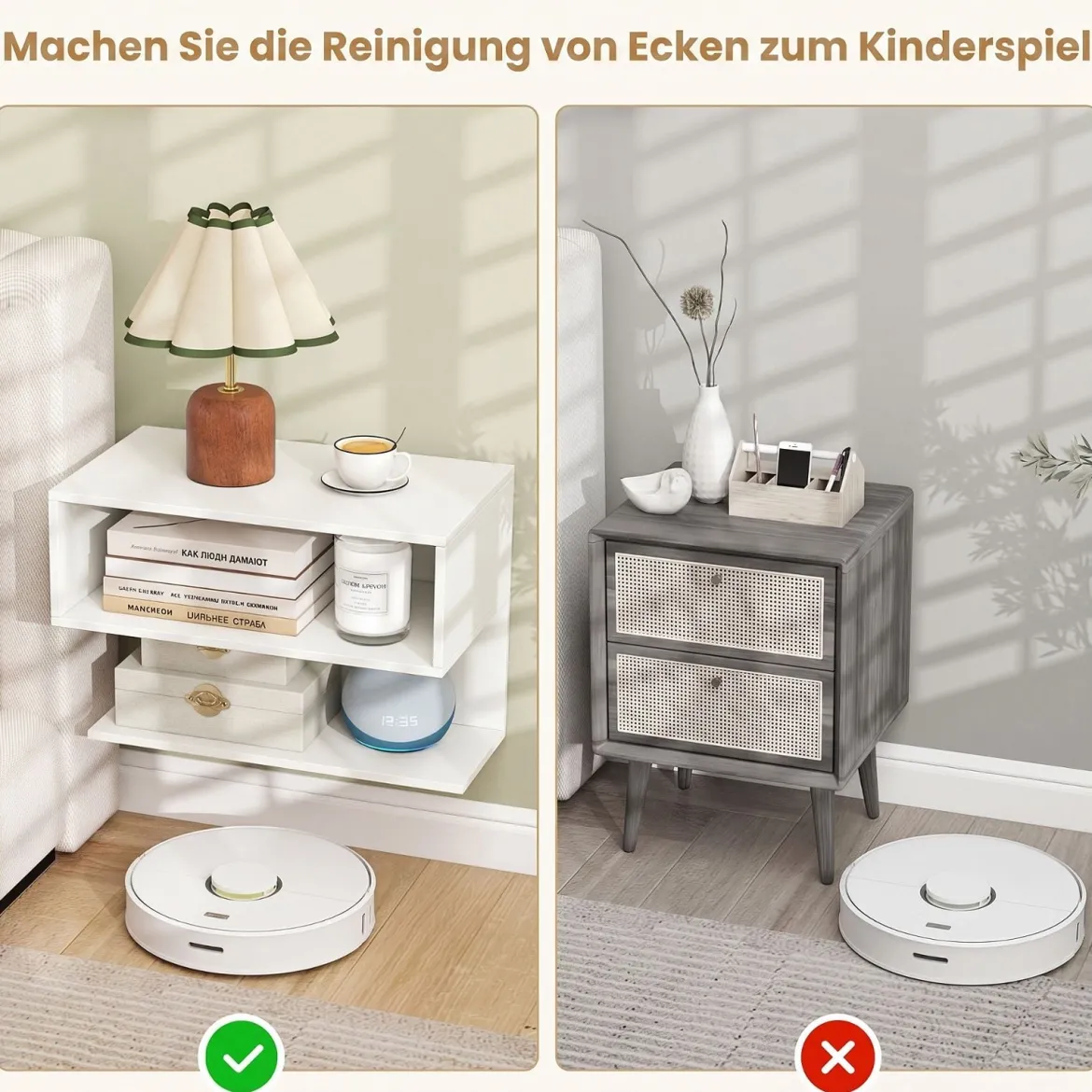 2er Set Wandmontierter Nachttisch Hängender Nachtschrank aus Holz mit 2 Offenen Fächern Weiß