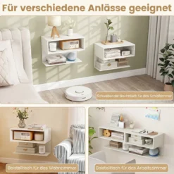 2er Set Wandmontierter Nachttisch Hängender Nachtschrank aus Holz mit 2 Offenen Fächern Weiß