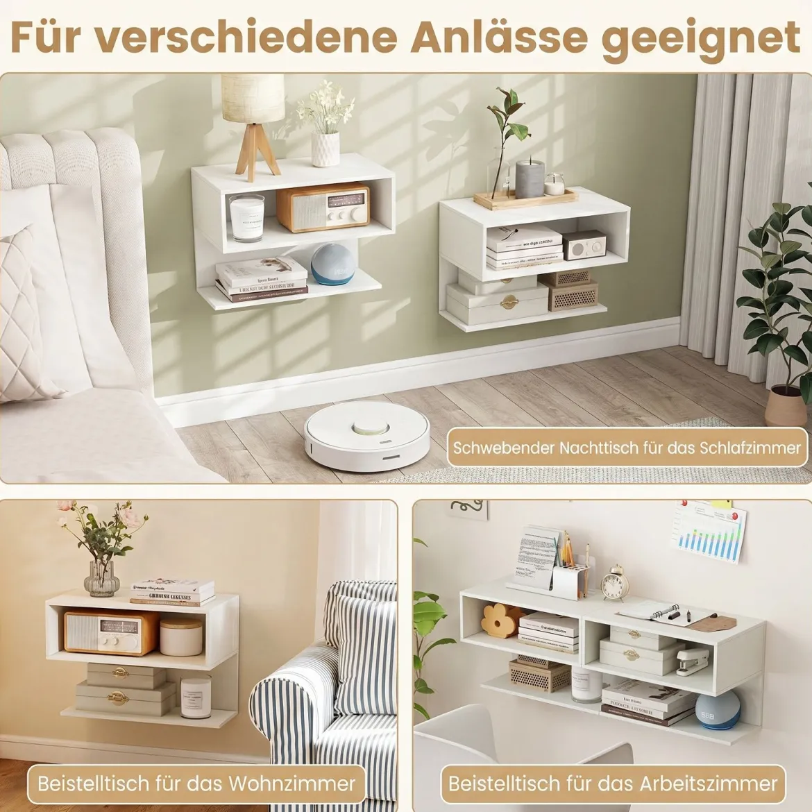 2er Set Wandmontierter Nachttisch Hängender Nachtschrank aus Holz mit 2 Offenen Fächern Weiß