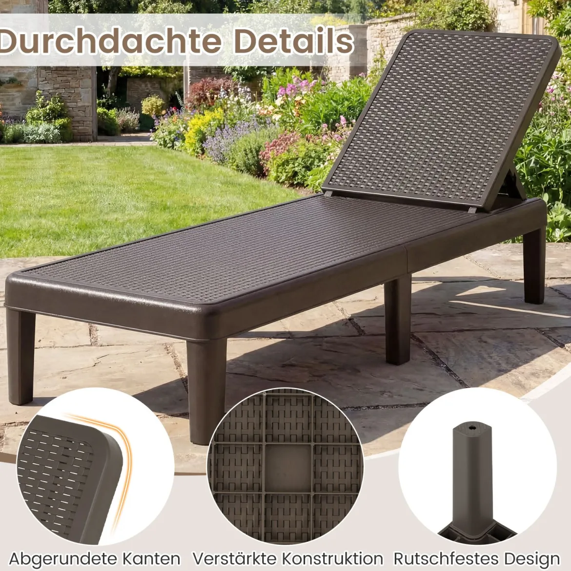 2er Set Wetterfeste Sonnenliege mit Verstellbarer Rückenlehne Kunststoff Gartenliege Balkonliege Braun