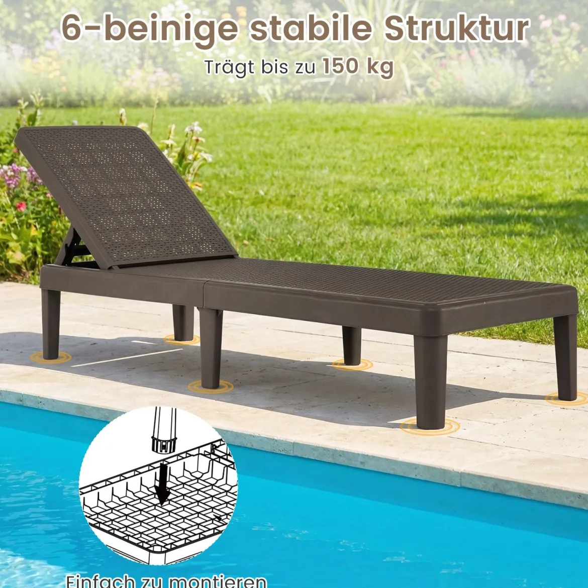 2er Set Wetterfeste Sonnenliege mit Verstellbarer Rückenlehne Kunststoff Gartenliege Balkonliege Braun