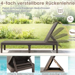 2er Set Wetterfeste Sonnenliege mit Verstellbarer Rückenlehne Kunststoff Gartenliege Balkonliege Braun