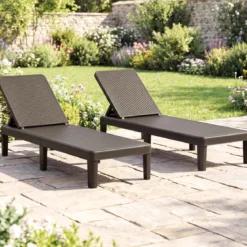 2er Set Wetterfeste Sonnenliege mit Verstellbarer Rückenlehne Kunststoff Gartenliege Balkonliege Braun