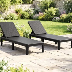 2er Set Wetterfeste Sonnenliege mit Verstellbarer Rückenlehne Kunststoff Gartenliege Balkonliege Schwarz