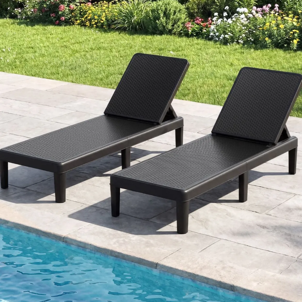 2er Set Wetterfeste Sonnenliege mit Verstellbarer Rückenlehne Kunststoff Gartenliege Balkonliege Schwarz
