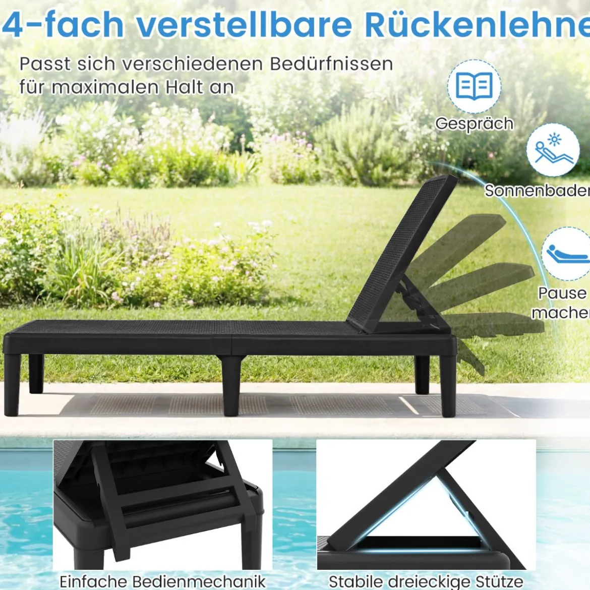 2er Set Wetterfeste Sonnenliege mit Verstellbarer Rückenlehne Kunststoff Gartenliege Balkonliege Schwarz