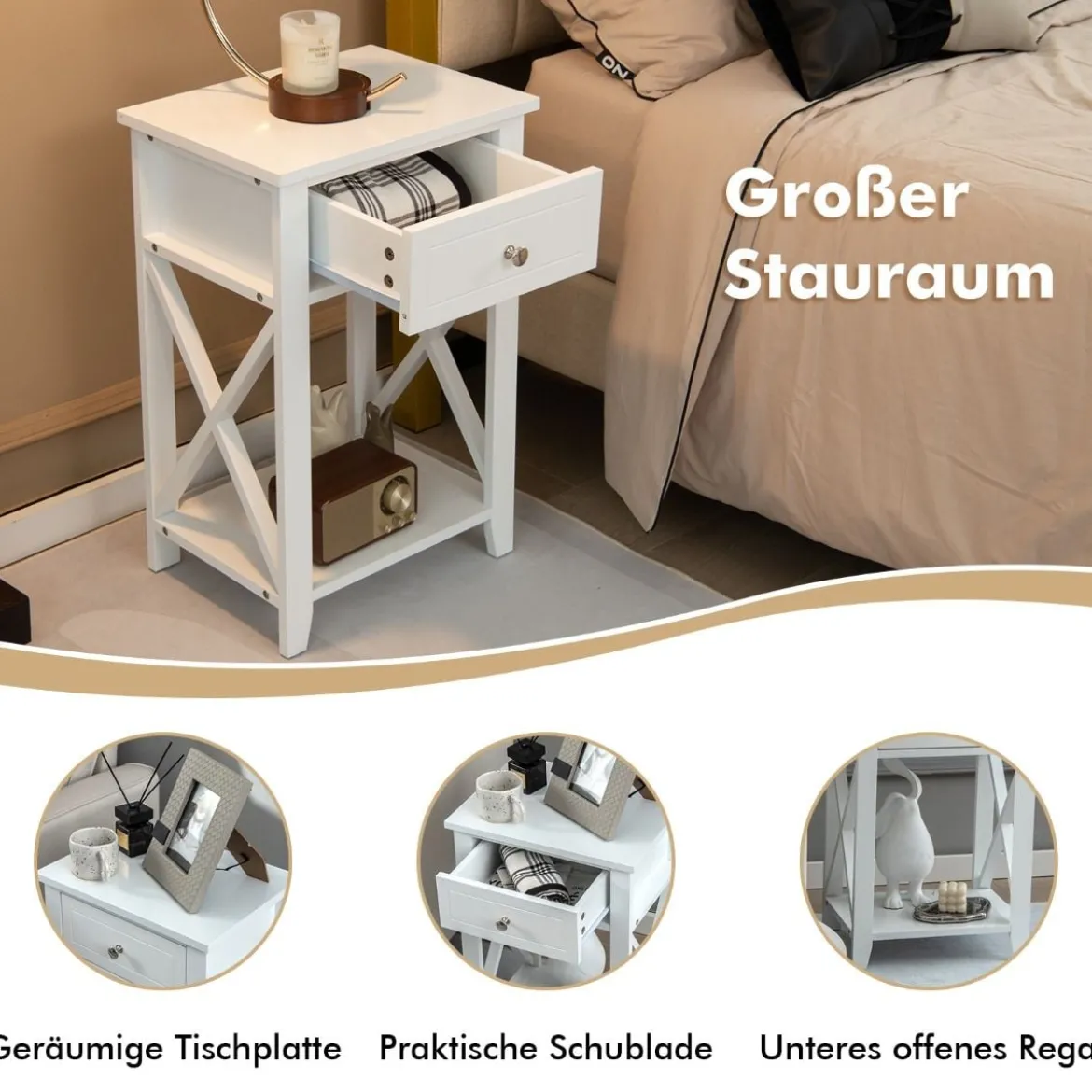 2er Set X-förmiger Nachttisch mit Schublade & Unterem Ablagefach Moderner Beistelltisch Weiß