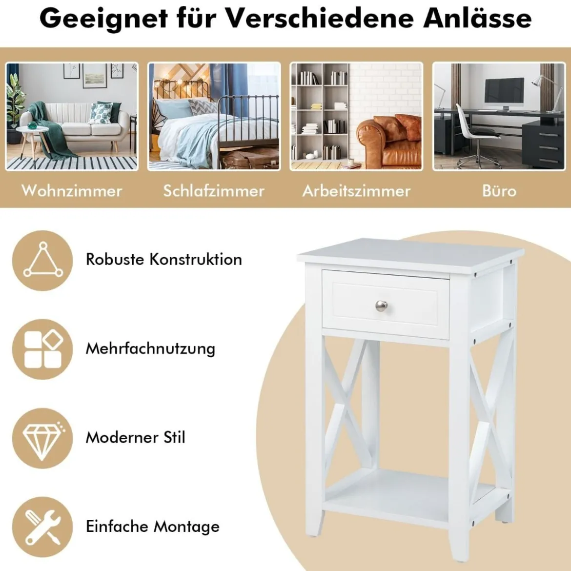 2er Set X-förmiger Nachttisch mit Schublade & Unterem Ablagefach Moderner Beistelltisch Weiß